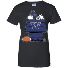 Load image into Gallery viewer, Washington Huskies Snoopy And Woodstock Waiting For Football Season T-Shirt For Women